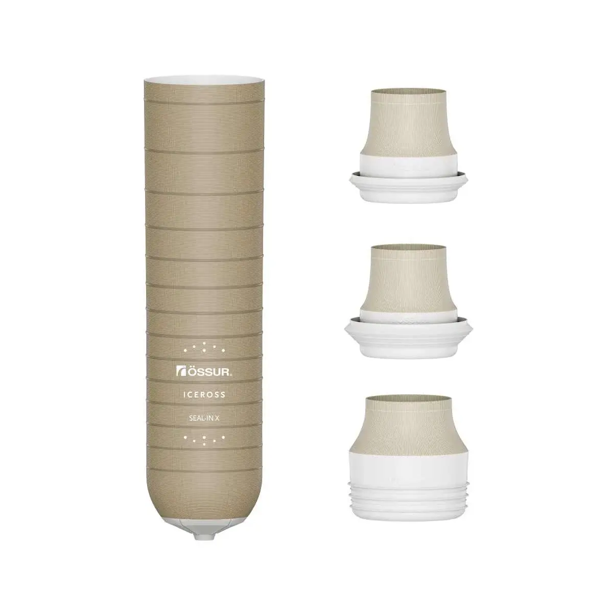 Össur Iceross Seal-In X silicone prosthetic liner, showing the ribbed silicone body and locking seal components