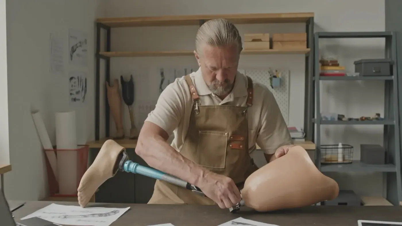 A technician assembling a leg prosthesis at a workshop bench