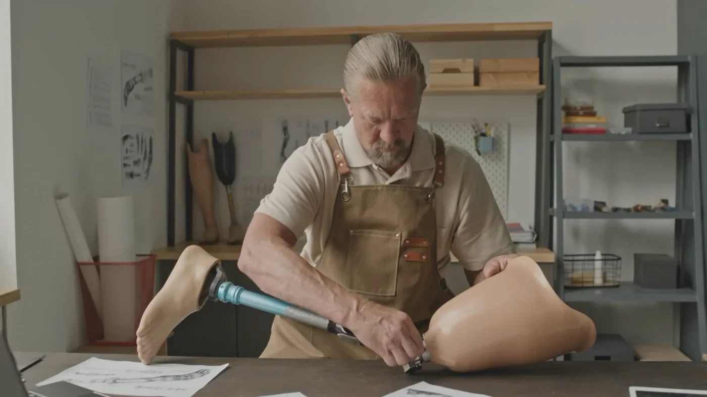 Prosthetic workshop showing advanced engineering equipment and manufacturing process